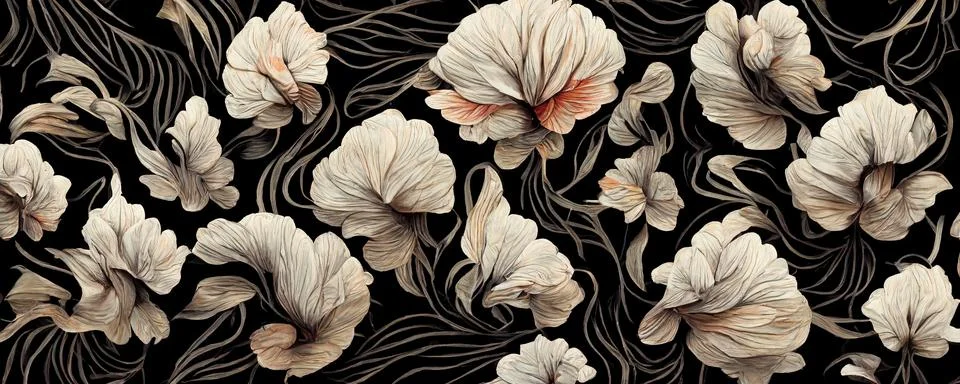 Factory fabric pattern of white flowers with milky shades on black fabric Illustrazione stock