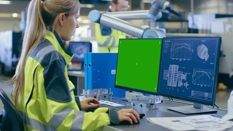 At the Factory: Female Chief Engineer Works on the Green Mock-up Screen PC Stock Footage 93688015