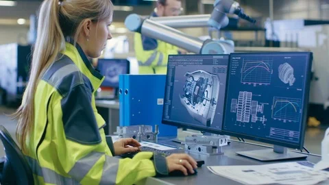 At the Factory: Female Mechanical Engineer Designs 3D Engine on Her PC Stock Footage 93687905