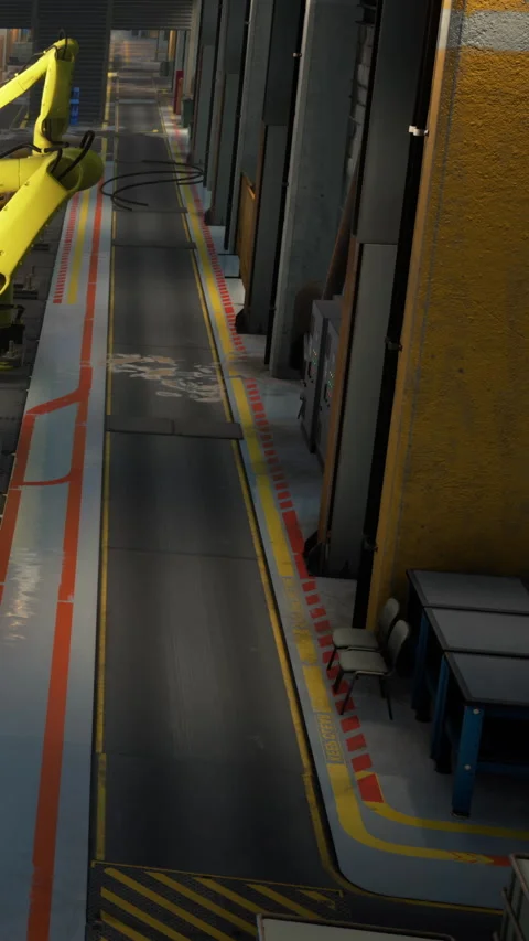 Factory floor with yellow robotic arms and clear walking path during work hours Stock Footage 342168374