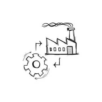Factory with Gear Process Cycle Hand Drawn Doodle Vector Stock Illustration