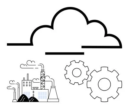 Factory with gears and cloud symbolizing industrial operations and cloud co.. Stock Illustration