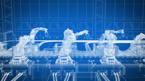 Factory Grid Blueprint Style, Robotic Arms at Conveyor Belt 3d Animation. Robots Stock Footage 309625188