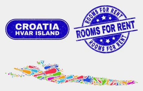 Factory Hvar Island Map and Scratched Rooms for Rent Stamps Ilustración de archivo