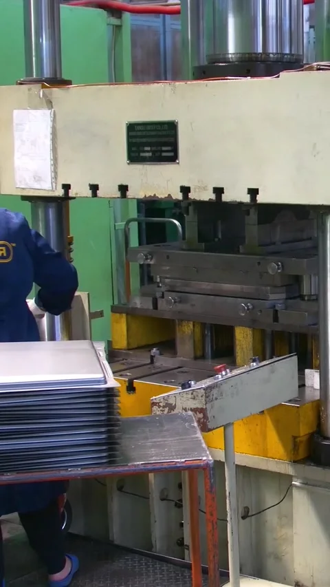 Factory hydraulic press. Stamping of sheet steel parts on a hydraulic press. Stock Footage 277130122