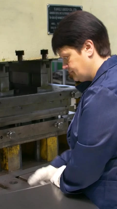 Factory hydraulic press. Stamping of sheet steel parts on a hydraulic press. Stock Footage 277130174