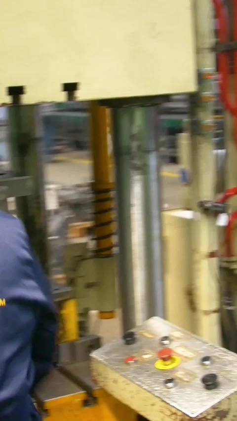 Factory hydraulic press. Stamping of sheet steel parts on a hydraulic press. Stock Footage 277130177