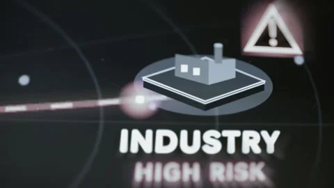 Factory icon and warning triangle identify the industry sector as high risk Stock Footage 343358280