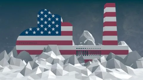 Factory icon on low poly landscape Stock Illustration