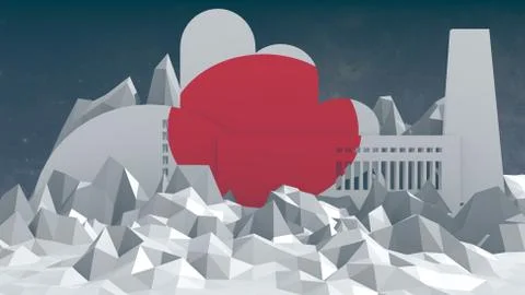 Factory icon on low poly landscape Stock Illustration