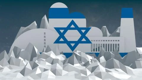 Factory icon on low poly landscape Stock Illustration