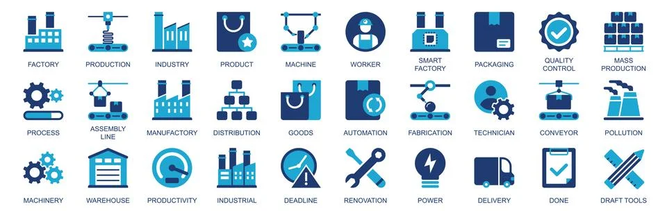 Factory icon set in flat duotone solid icons web design. Pack pictograms with Stock Illustration
