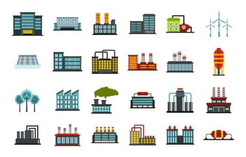 Factory icon set, flat style Stock Illustration