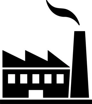 Factory icon. Vector industrial building pictogram. Black silhouette and fl.. Illustrazione stock