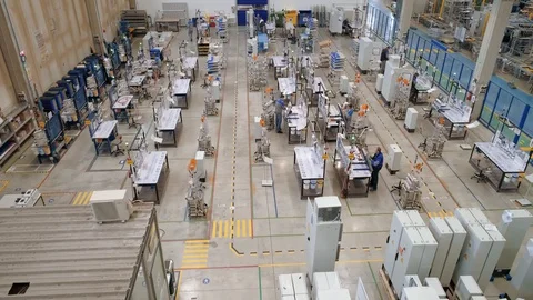 Factory Indoor Aerial View Above Drone Industrial  Stock-Footage 128488708