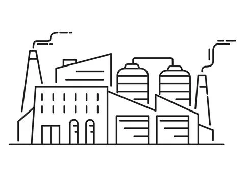 Factory industrial architecture. Outline vector icon. Environmental pollution Stock Illustration