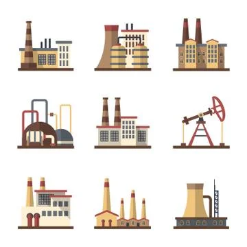 Factory industrial building and manufacturing plants vector flat icons Stock Illustration