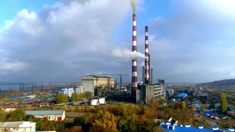 Factory industrial district with high tower and smoke Stock Footage 319285700