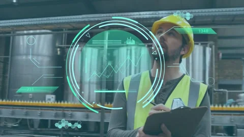 Factory inspector scanning control panel and recording data on clipboard, teal Stock Footage 335465571