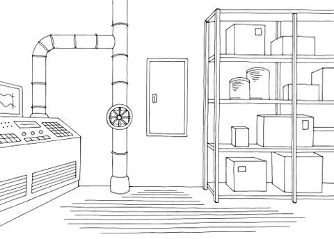 Factory interior graphic black white sketch illustration vector Stock Illustration