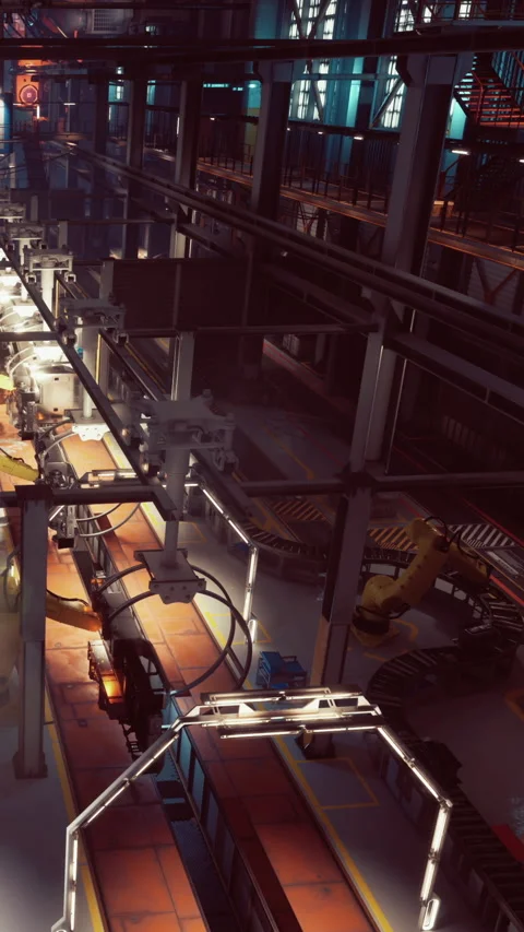 Factory interior with machines and assembly lines during evening hours Stock Footage 341043780