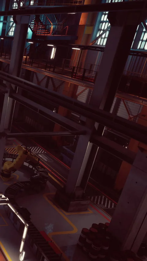 Factory interior with robotic arm working on assembly line in facility Stock Footage 342130338