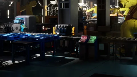 Factory interior with robotic arms and assembly line at night Stock Footage 344409773