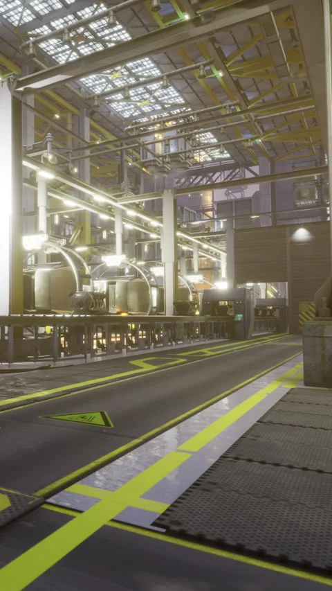 Factory interior showing machinery and lighting setup for production Video stock 334259022
