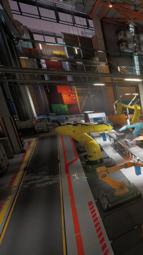 Factory interior showing machines and robots in action during the day Video stock 337900234