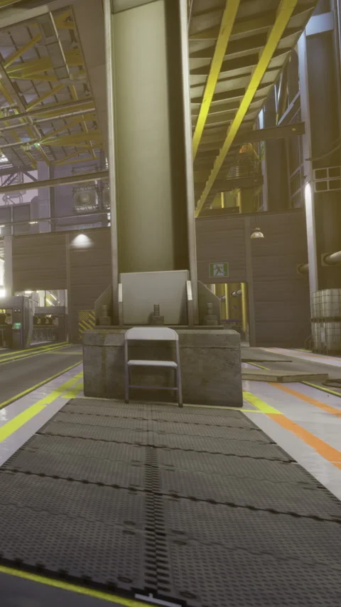 Factory interior shows equipment and structures near work area Video stock 334259020
