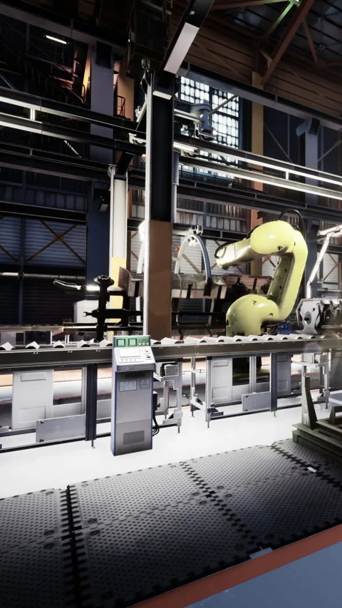 Factory interior shows robotic arm working on assembly line in large building Stock Footage 340637233