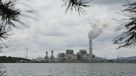 Factory on Lake Jib Up Stock Footage 41553363