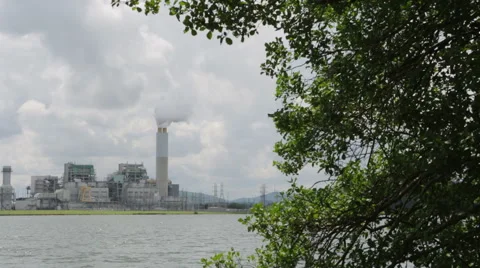 Factory on Lake Pan Left Stock Footage 41553692