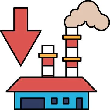 A factory with a large chimney and a downward arrow 스톡 일러스트