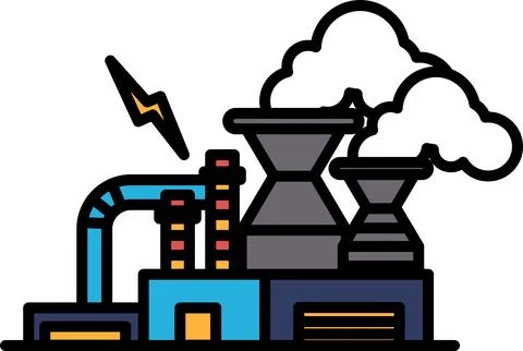 A factory with a large smokestack and a lightning bolt in the sky Stock Illustration