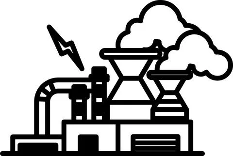 A factory with a large smokestack and a lightning bolt in the sky Stock Illustration