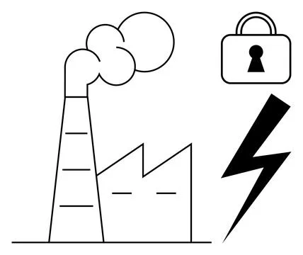 Factory with large smokestack emitting smoke, accompanied by security lock an Stock Illustration