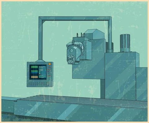 Factory line with control panel retro poster style Ilustración de archivo