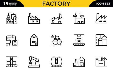 Factory line icon set. Containing industry, production, machine, manufactur.. Stock Illustration