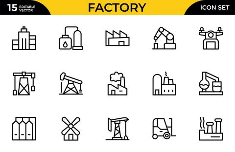 Factory line icon set. Containing industry, production, machine, manufactur.. Stock Illustration