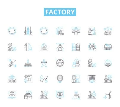 Factory linear icons set. Production, Machinery, Industrial, Manufacturing Stock Illustration