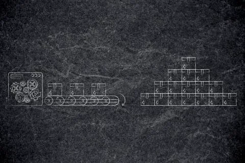 Factory machine with boxes on production line next to pile of other deliverie Stock Illustration