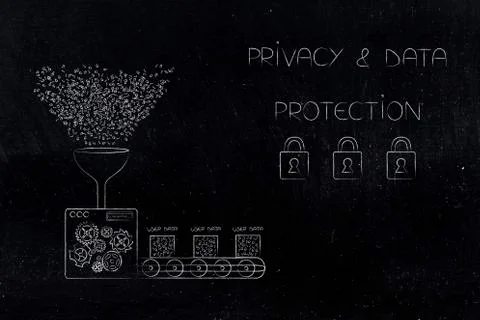 Factory machine with funnel processing user data next to privacy text with lo Stock Illustration