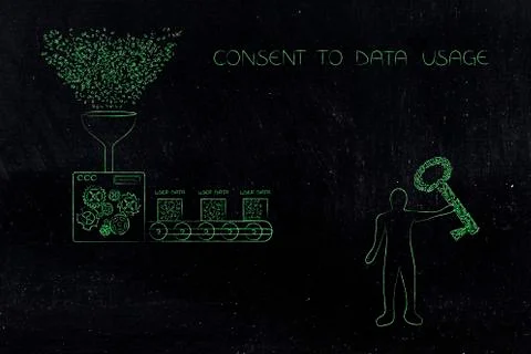 Factory machine processing user data and man holding digital key with Consent Stock Illustration