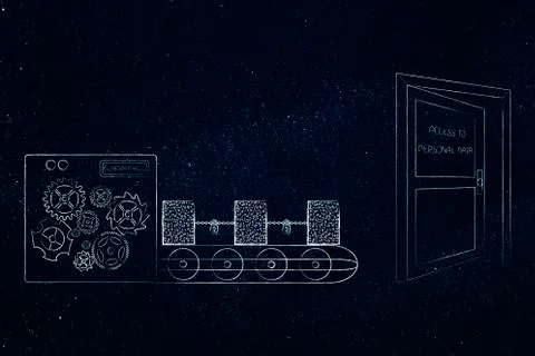 Factory machine producing blockchain next to door with access to personal dat Stock Illustration