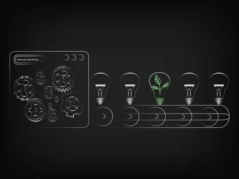 Factory machine producing ideas lightbulbs and only onehas leaves inside Stock Illustration