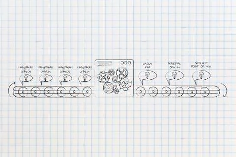 Factory machine turning mainstream opinion comic bubbles into unique ideas Stock Illustration