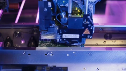 Factory Machine At Work: Printed Circuit Board Assembled With Automatic Stock Footage 201834853