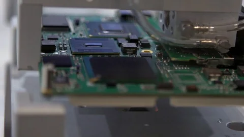 Factory machinery at work. PCB Processing on CNC machine. Robotic arm-Dan Stock Footage 120183891