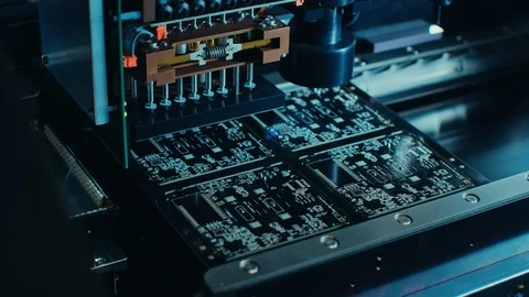 Factory Machinery at Work Printed Circuit Board Being Assembled with Robotic Arm Stock Footage 98190294